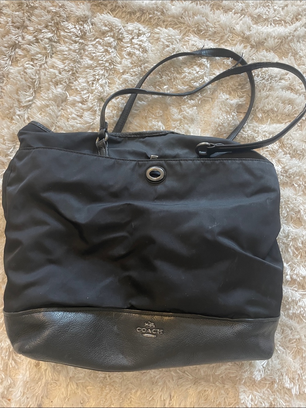 Coach Black Nylon and Leather Tote with Silver Hardware